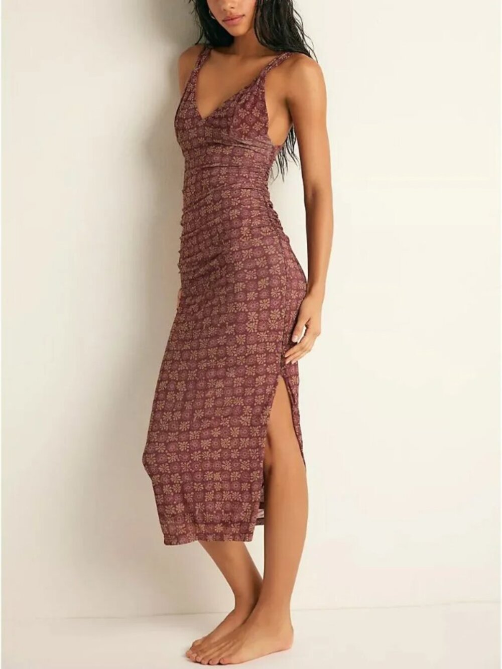 Free People Long Live Printed Mesh Slip / Brown Combo (S) NWT